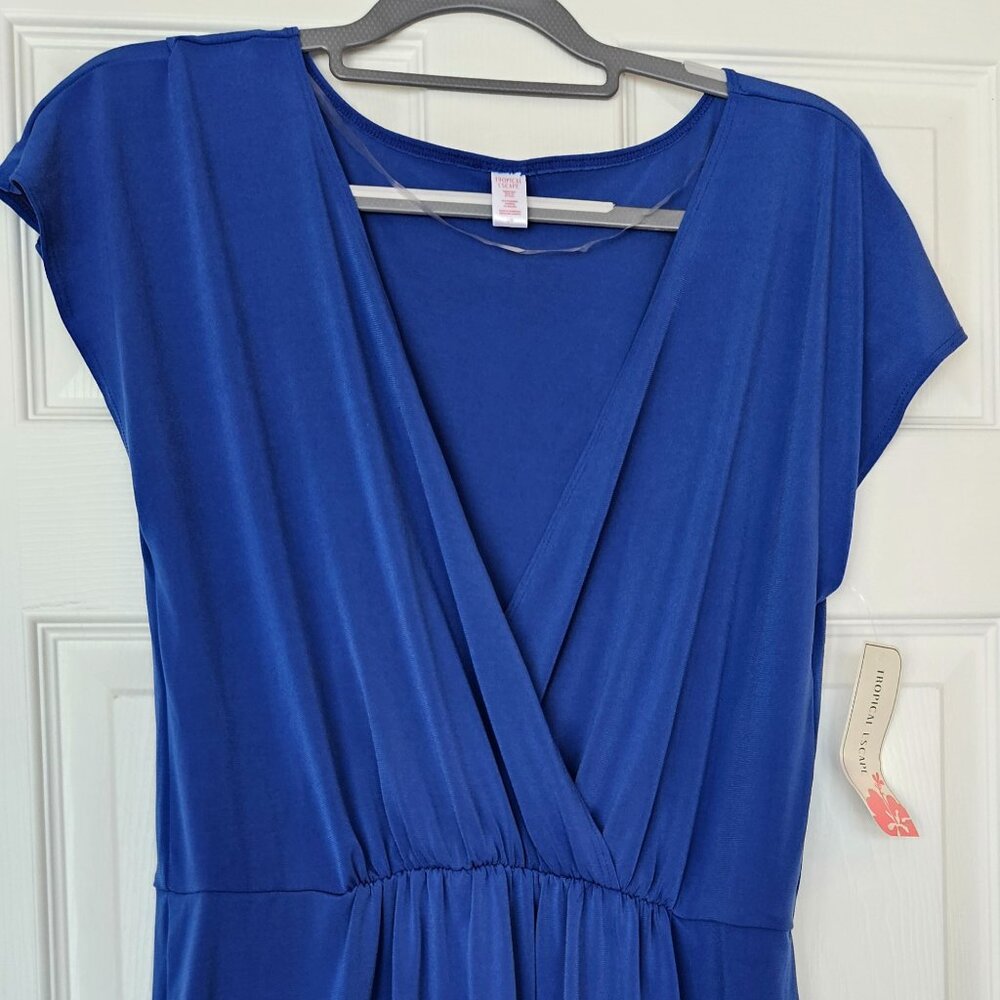 Tropical Escape Royal Blue Faux-Wrap Swim Cover-Up Dress — Size Large